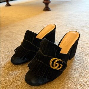 Gucci Black Suede Fringe Block Heel Mules with Gold GG